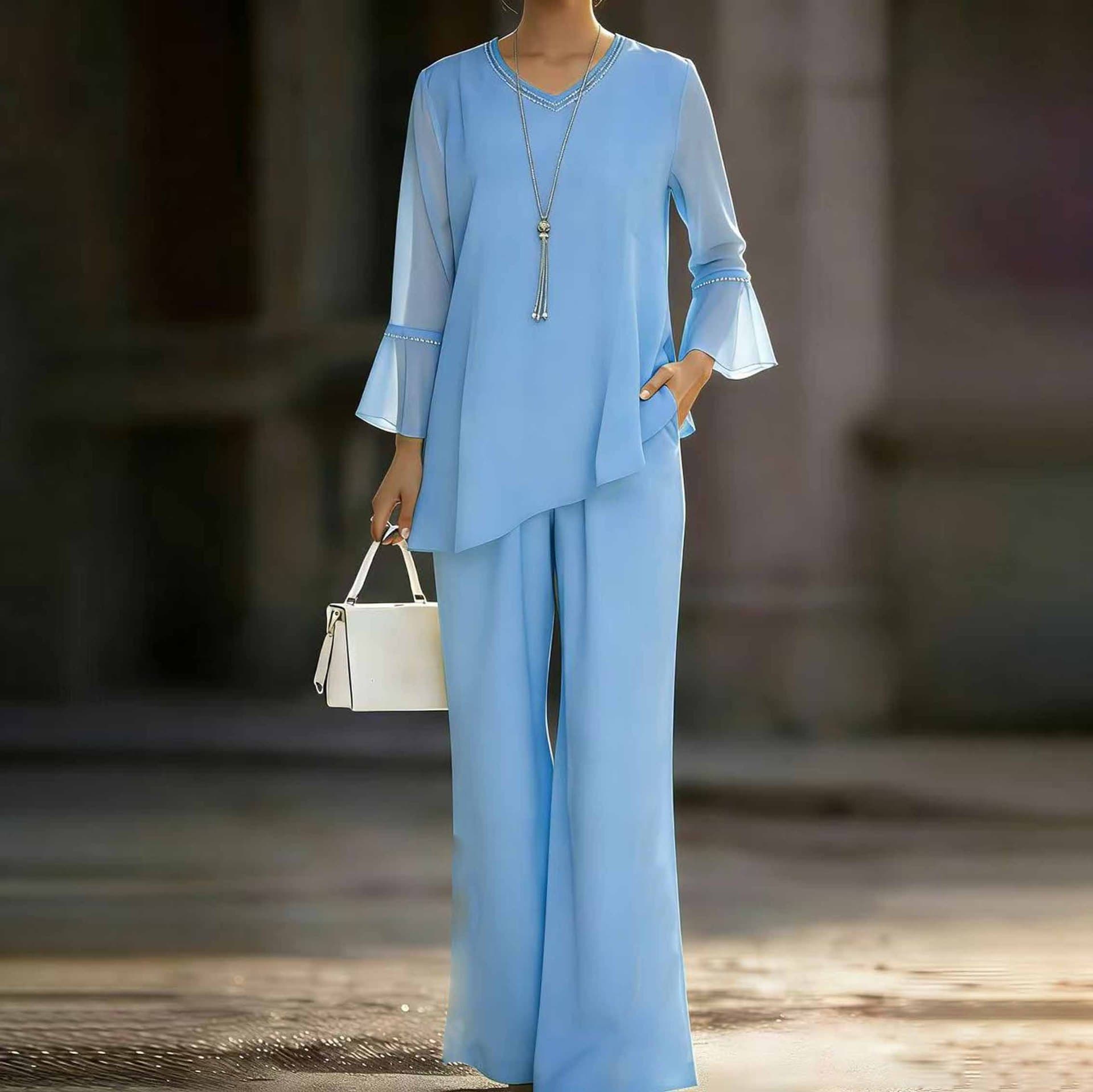 Casual Chiffon Set With Rhinestone Detailing And A Flowing Silhouette